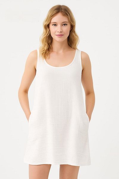 enmodaiçgiyim Rochie de damă din țesătură muselină albă 100% bumbac cu buzunare duble