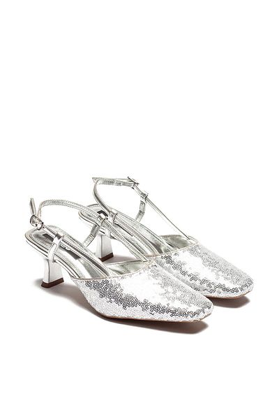 Dedos Women's Silver Color Pointed Toe Sequin Short Heeled Shoes 1010