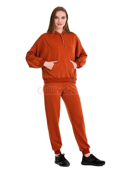 quilling Long Sleeve 22057 Dark Orange Color Women's Sports Tracksuit Set with Hood and Kangaroo Pocket