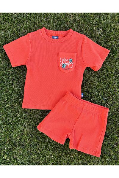 SANTRALBEBE Baby Girl Summer Ribbed Cotton Collar Pocket Detailed Shorts Set