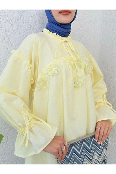 Modamorfo Flower Detailed Shirt with Tie Collar and Sleeves - Light Yellow