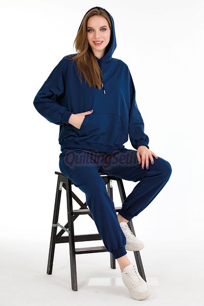 quilling Long Sleeve 22059 Navy Blue Color Women's Sports Tracksuit Set with Hood and Kangaroo Pocket