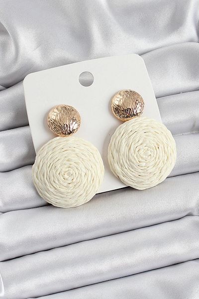 AfraBeauty Cream Circle Figured Straw Knitted Model Gold Color Women's Earrings