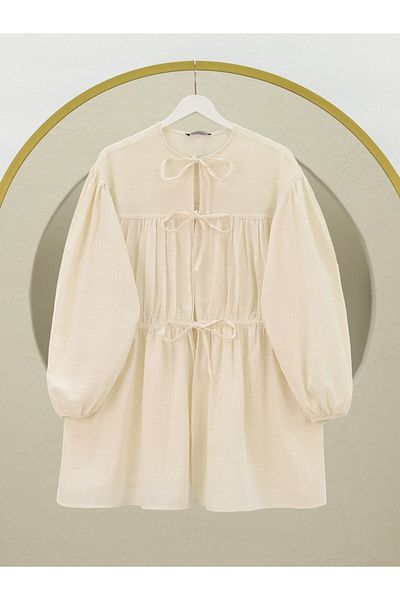 Modamorfo Shirt with Tie Front and Elastic Sleeves -Ecru