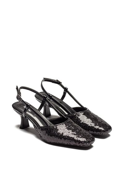 Dedos Women's Black Color Pointed Toe Sequin Short Heeled Shoes 1010