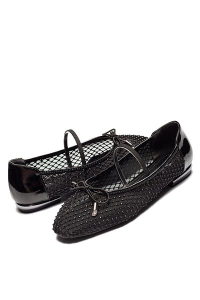 Dedos Women's Beaded - Mesh Belted Ballerina Shoes Black 1700