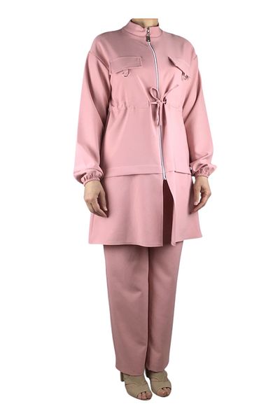 ECE GİYİM Women's Tunic Front Zippered Drawn Sleeve Elastic Pants Waist Elastic Suit