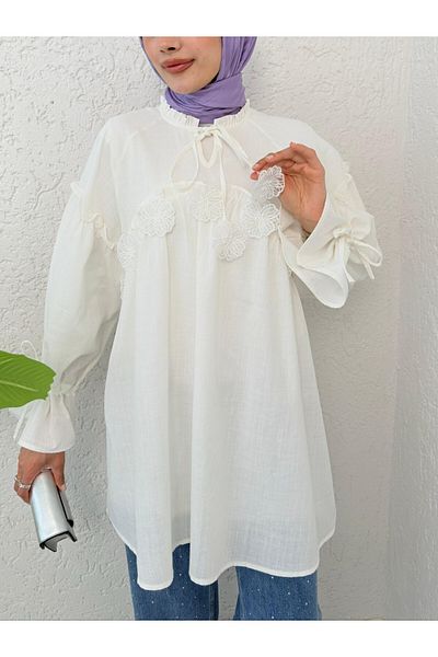 Modamorfo Shirt with Tie Collar and Sleeves and Flower Detail on the Front - White