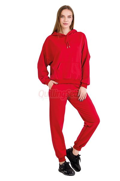 quilling Long Sleeve 22058 Women's Sports Tracksuit Set with Hood and Kangaroo Pocket Red Color