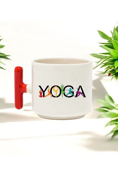 BB TRADE Yoga Designed Red t Handle Ceramic Printed Mug Cup 250 ml