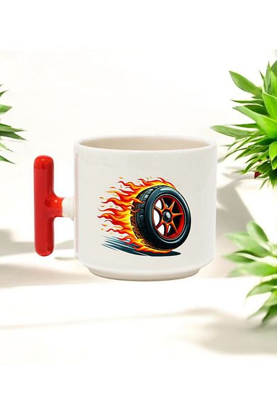 BB TRADE Ceramic Printed Mug with Burning Rubber Design and Red t Handle 250 ml