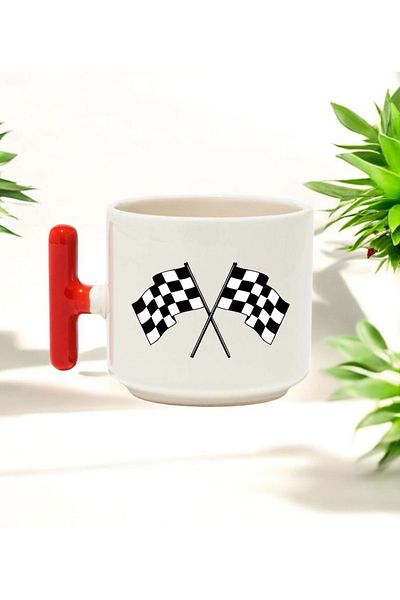 BB TRADE Ceramic Printed Mug Cup with Racing Flag Design Red t Handle 250 ml