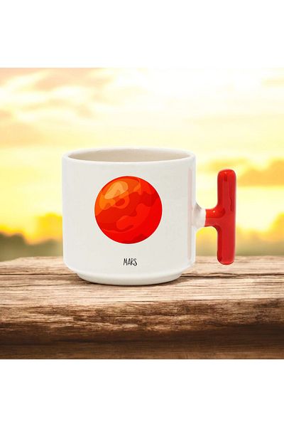 BB TRADE Mars Designed Red T-Handle Ceramic Printed Mug 250 ml