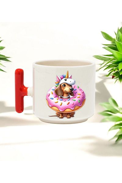 BB TRADE Donut Red t Handled Ceramic Printed Mug Cup with Dog 250 ml