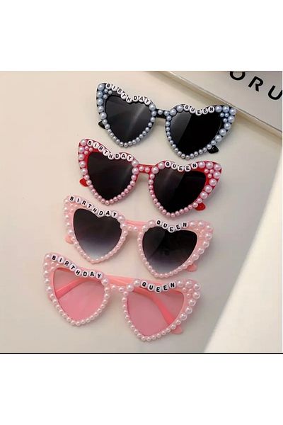 Store Pink Heart Glasses with "Birthday Queen" Written Stone and Pearl Decoration