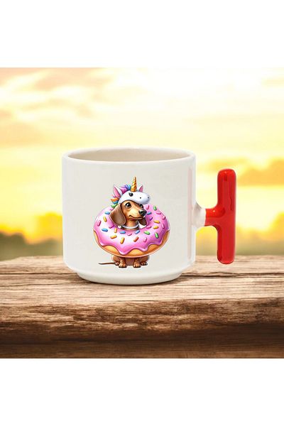 BB TRADE Donut Red t Handled Ceramic Printed Mug Cup with Dog 250 ml