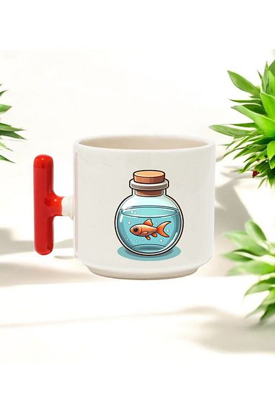 BB TRADE Fish Design Red t Handle Ceramic Printed Mug Cup 250 ml