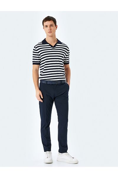 Koton New Season Viscose Striped Short Sleeve Polo V-Neck Knitwear T-Shirt