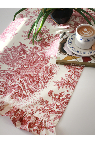 Ayoba Premium Runner Fırfırlı & Fransız Köylüleri Desenli Kumaş Runner - Vint...