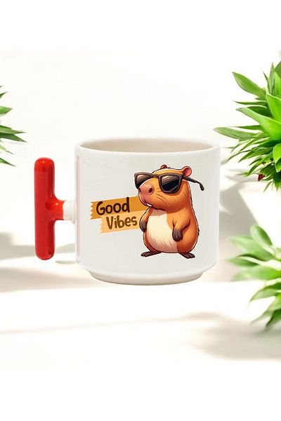 BB TRADE Good Vibes Red t Handled Ceramic Printed Mug Cup 250 ml