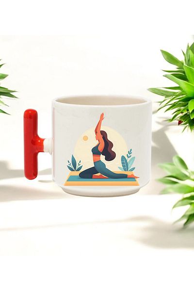 BB TRADE Pilatesci Designed Red T-Handle Ceramic Printed Mug 250 ml
