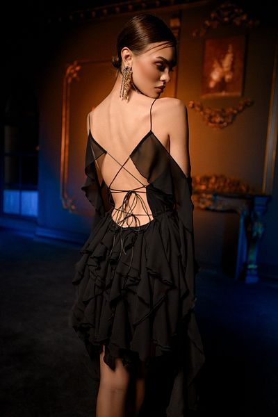 Gira official Black Chiffon Flounce Mini Dress with Rope Tie Detail