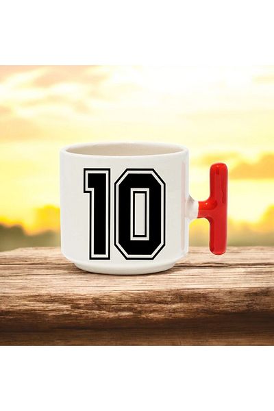 BB TRADE Number 10 Red t Handle Ceramic Printed Mug Cup 250 ml