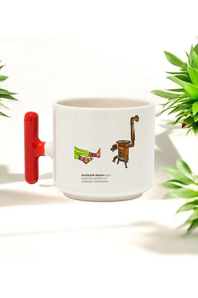 BB TRADE Happiness Promise Designed Red t Handled Ceramic Printed Mug Cup 250 ml