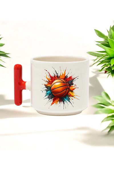 BB TRADE Basketball Ball Designed Red t Handle Ceramic Printed Mug Cup 250 ml