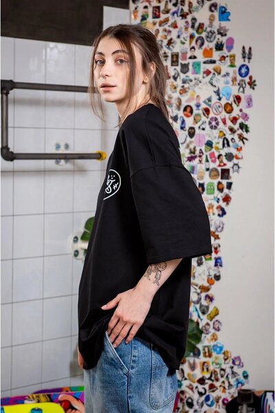 ELNOYA Unisex Cotton Black Oversize "Pumpkin" Printed Crew Neck Casual T-Shirt