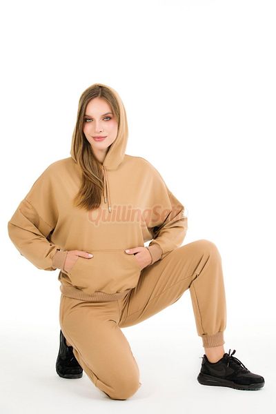 quilling Long Sleeve 22062 Women's Sports Tracksuit Set with Hood and Kangaroo Pocket Mustard Yellow Color