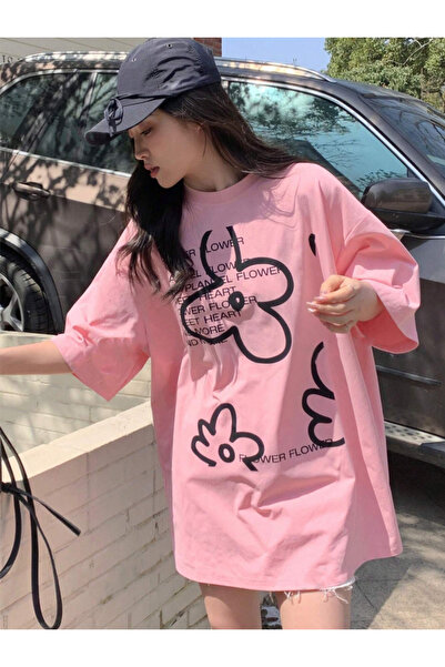 COHERENT Tricou oversize din bumbac cu imprimeu personalizat FLOWER pentru bă...