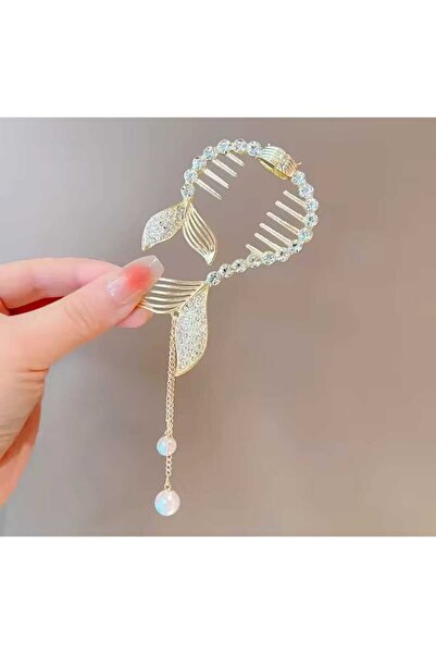 JHTshop مشبك شعر على شكل ذيل السمكة مصنوع من حجر الكريستال ومشبك معدني ذهبي -...