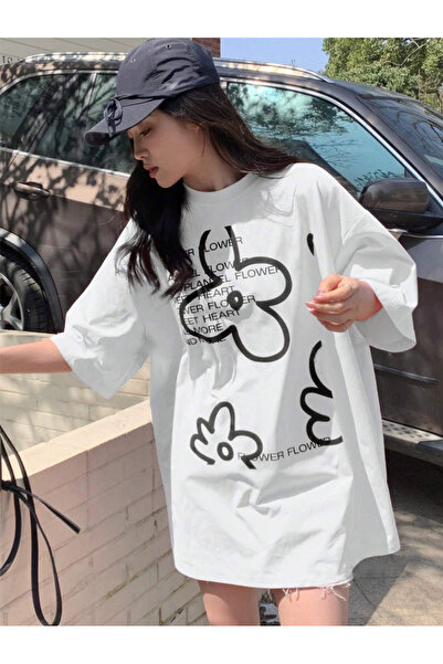 COHERENT Tricou oversize din bumbac cu imprimeu personalizat FLOWER pentru bă...