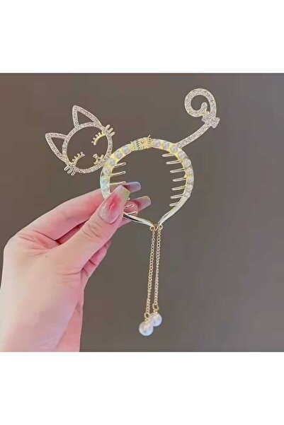 JHTshop GOLD METAL ÇELİK YAYLI TOPUZ TOKASI İNCİ SALLANTILI KEDİ DETAYLI TOKA