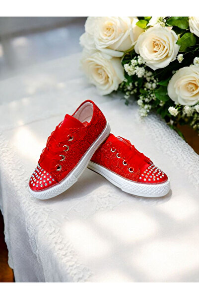 pediashoes KIZ ÇOCUK KIRMIZ RENK TAŞLI BAĞCIKLI ŞIK AYAKKABI