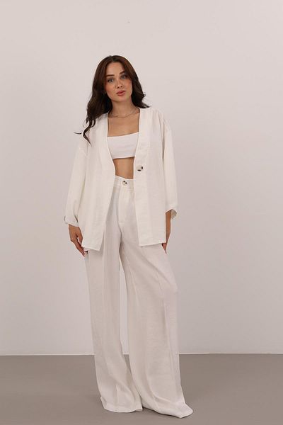FACETTE Women's Ecru Single Button Blouse Pants Suit