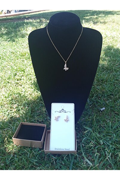 Özman Butik طقم قلادة وأقراط على شكل فراشة – ستانلس ستيل 316L