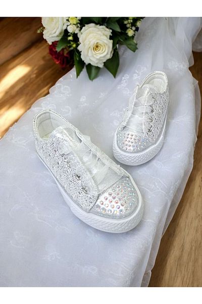 pediashoes Girl's Silver Color Stone Lace up Stylish Shoes
