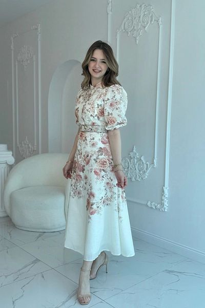 HELİS BUTİK Flower Pattern Belt Maxi Dress