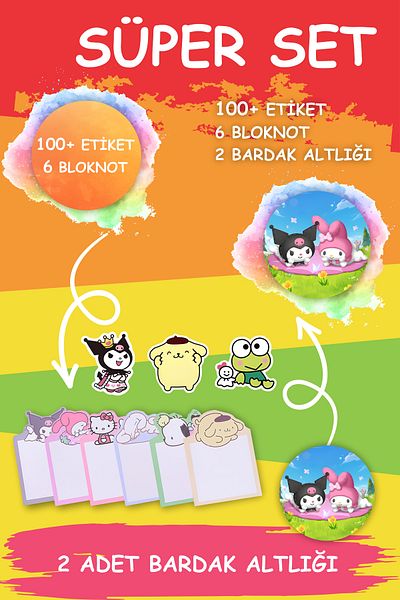 Grafikup Super Sticker Set - 100+ Pieces of Stickers, 6 Pieces of Memo Pad Stickers, 2 Pieces of Coaster Sticker Set