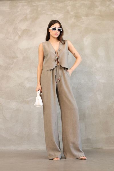 MODAMOR Khaki Tie-Up Detail Vest Pants Double Set