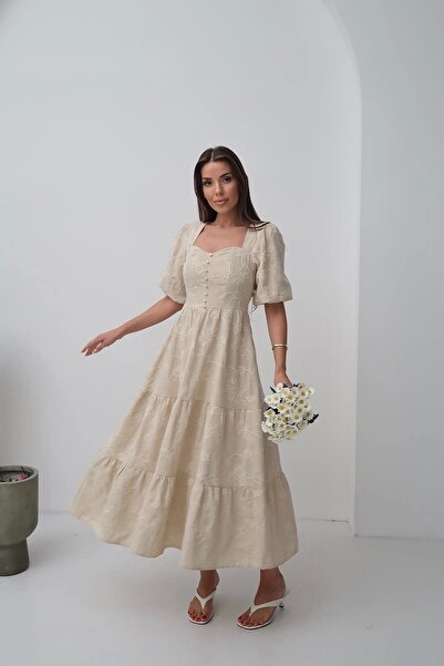 HELİS BUTİK Beige Ornamental Button Balloon Sleeve Brode Linen Dress