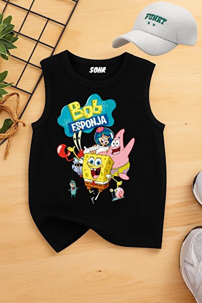 SOHR SUNGER BOB ÇİZGİ FİLM KARAKTER BASKILI KOLSUZ ÇOCUK TİŞÖRT