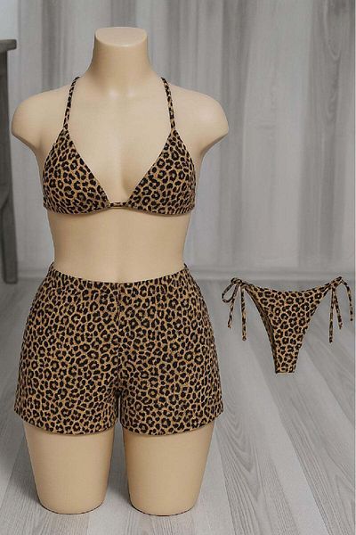 Ethab Ticaret Women's 3-Piece Set Leopard Print Bikini Swimsuit Set with Shorts and Side Tie