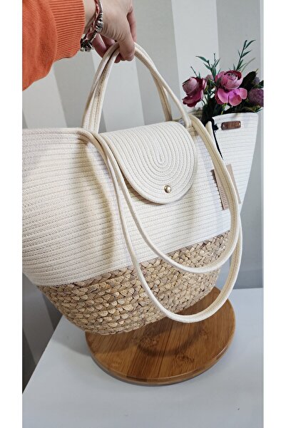 Yektayla Handmade Straw Beach Bag Ecru, Straw, Shoulder Bag