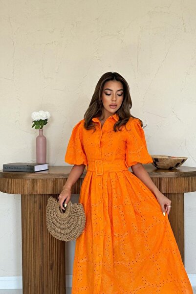 Modayakamoz Πορτοκαλί πλισέ φόρεμα μπαλκονιού