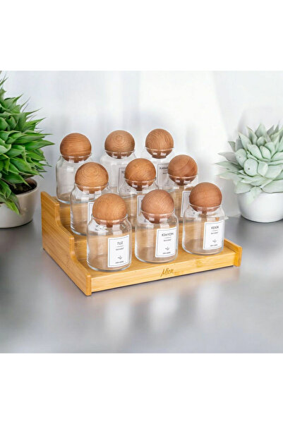 ELF HOME CONCEPT 3 Katlı Bambu Standlı Ahşap Top Kapaklı 9'Lu Cam Baharatlık Seti (300 ml)
