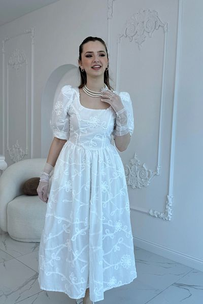 HELİS BUTİK Balloon Sleeve Brode Dress Ecru