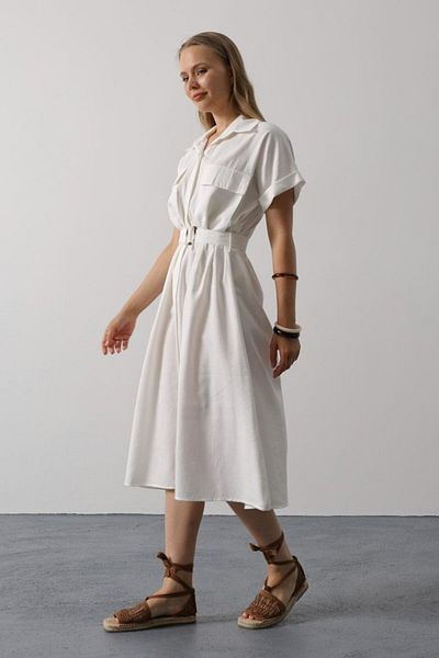 leyla sanat sanata yeni bir bakış açısı Leyla Sanat Sanata a New Perspective Belted Pocket Detail Half Sleeve Dress - White